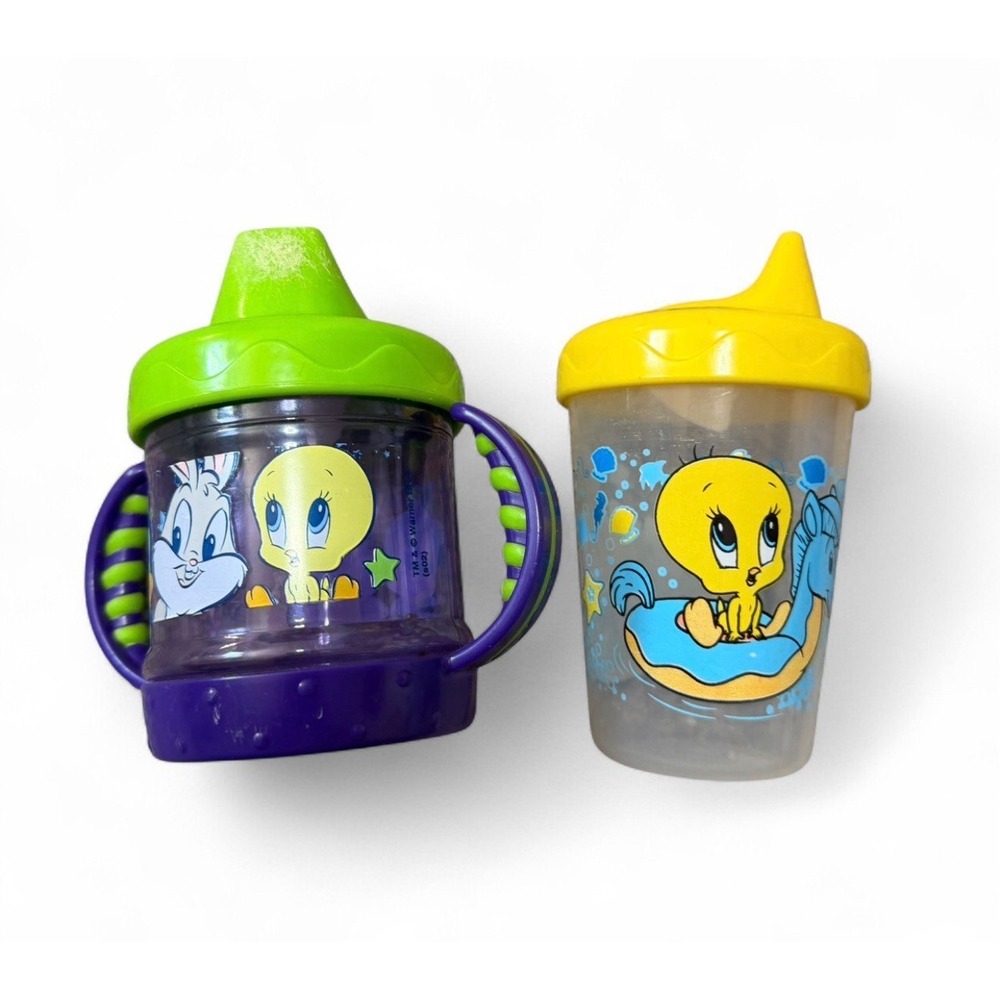 Vintage Tweety Bird Gerber Sippy Cups Lot Warner Bros Looney Tunes Baby Cups